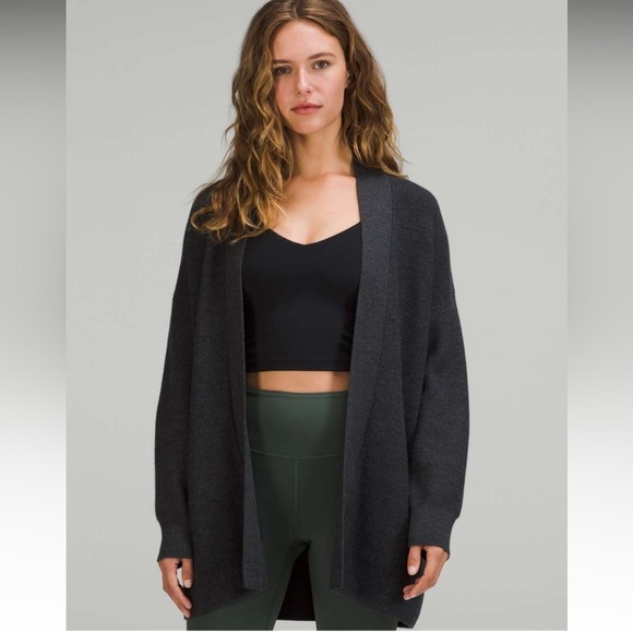 Lululemon Merino Wool-Blend Ribbed Long Wrap Sweater in Heather Black - Picture 1 of 9